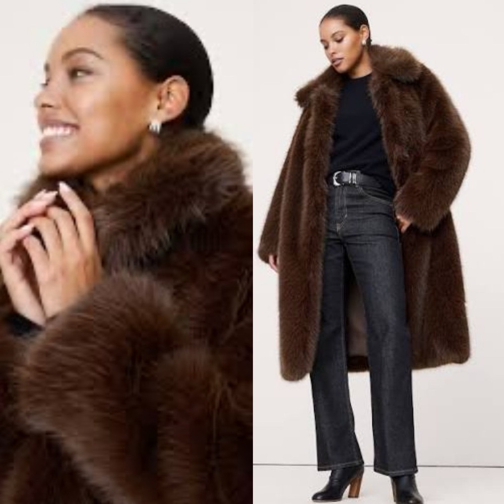 New $350 Banana Republic Faux Fur Long Brown Coat Jacket Small NWT